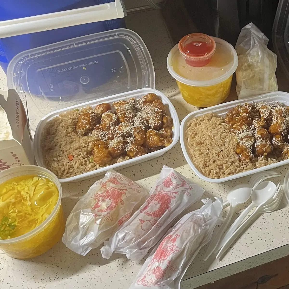 2 Sesame Chicken Fried Rice 2 Spring Roll 1 Wonton Egg-Drop Soup 1 Egg-Drop Soup & Chicken Egg F