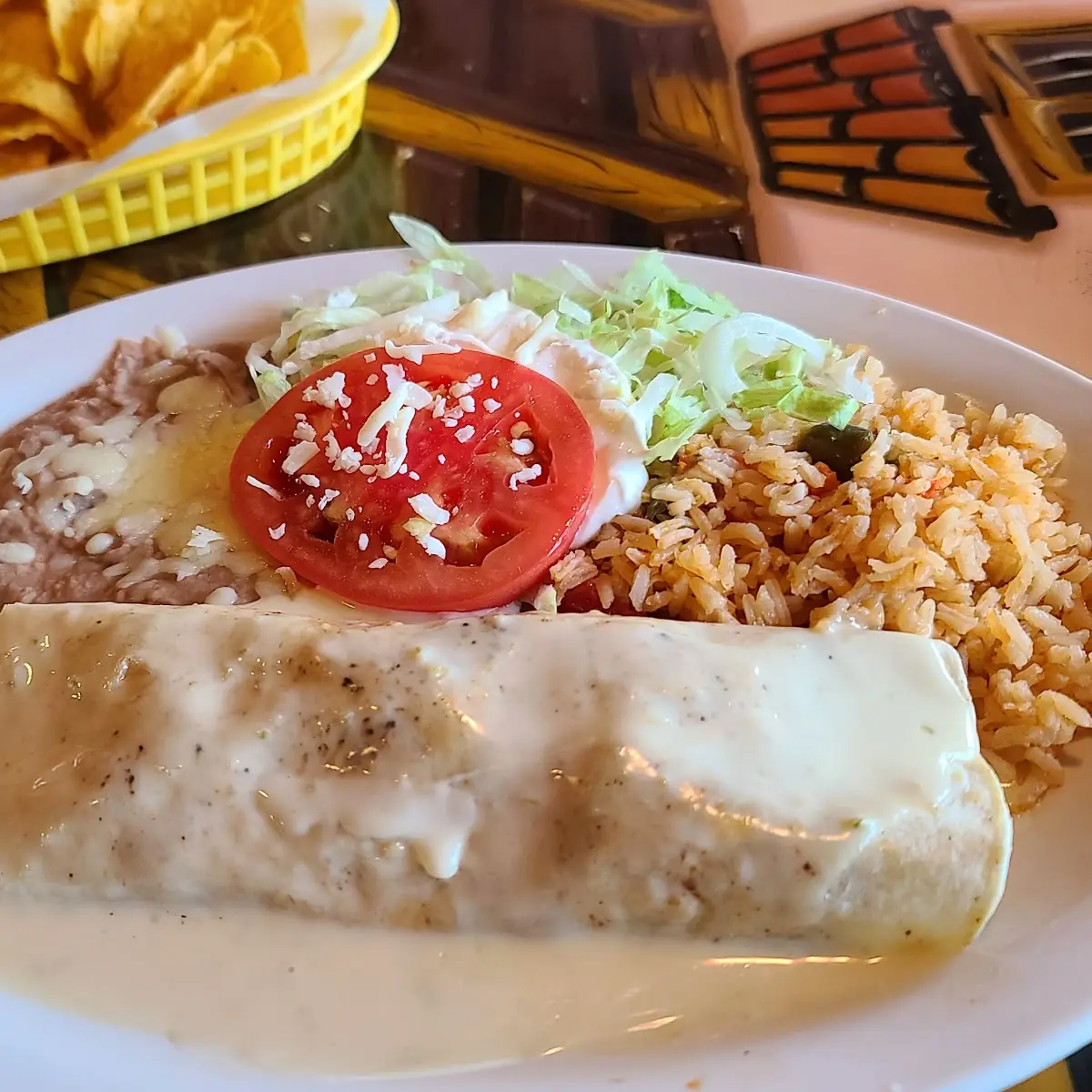 Chicken Burrito Cheese Enchilada Rice and Refried Beans