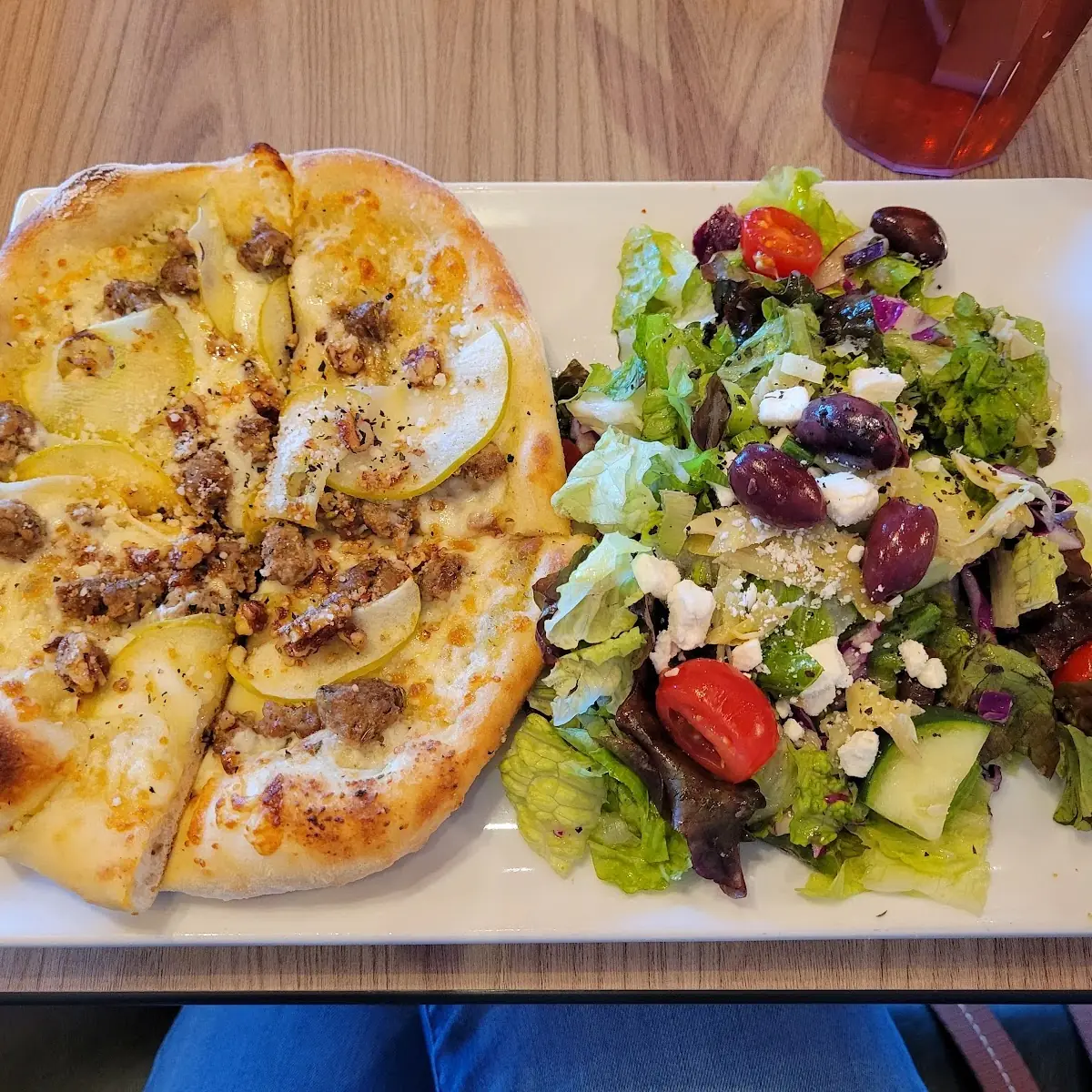Apple Sausage Pizza and Greek Salad