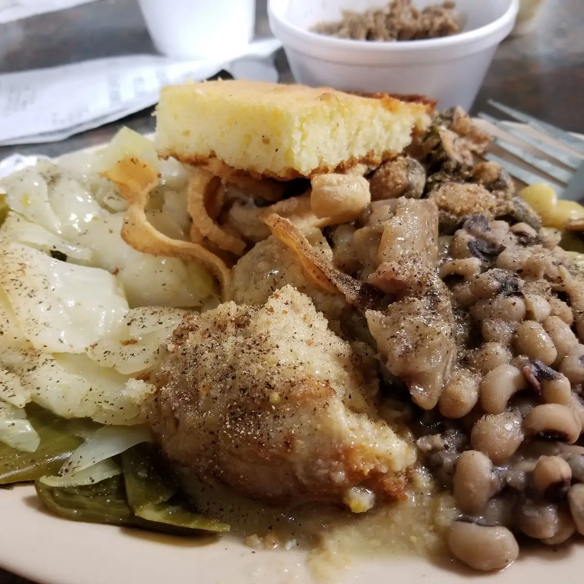 Cabbage Black Eyed Peas Fat Back Corn Bread and Chittiling