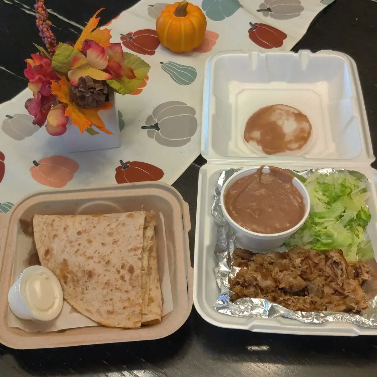 Chicken Quesadilla Left and Burrito with Carnitas Without the Tortilla Wrap