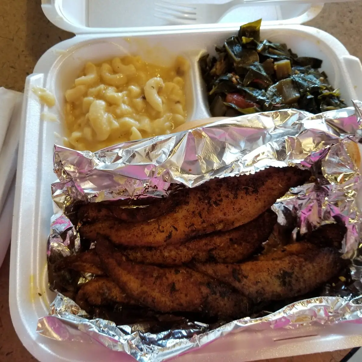 Blackened Catfish Greens and Mac and Cheese