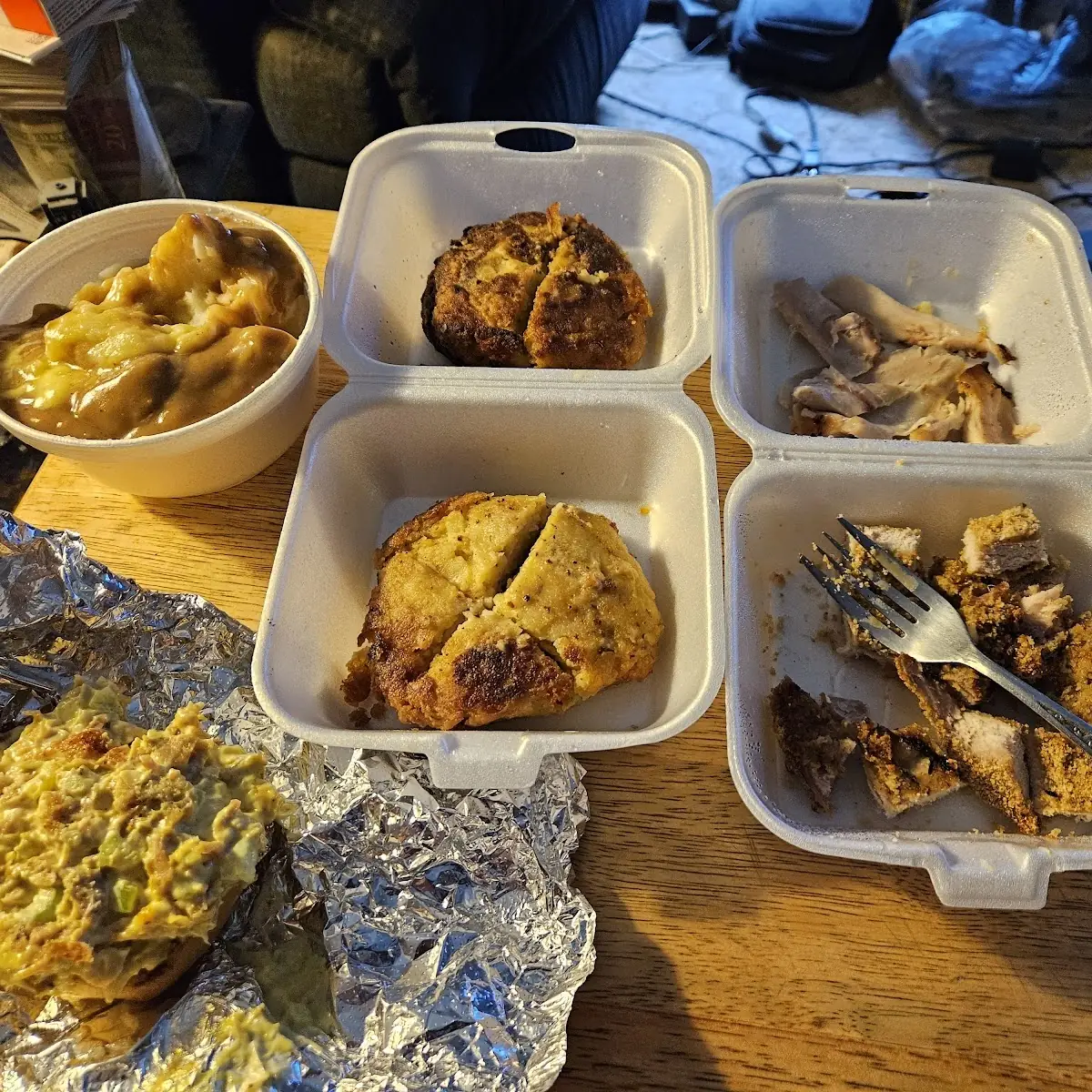 Breaded Pork Chop Potato Cakes Mashed Potatoes with Gravy Chicken Thigh and Chicken Salad