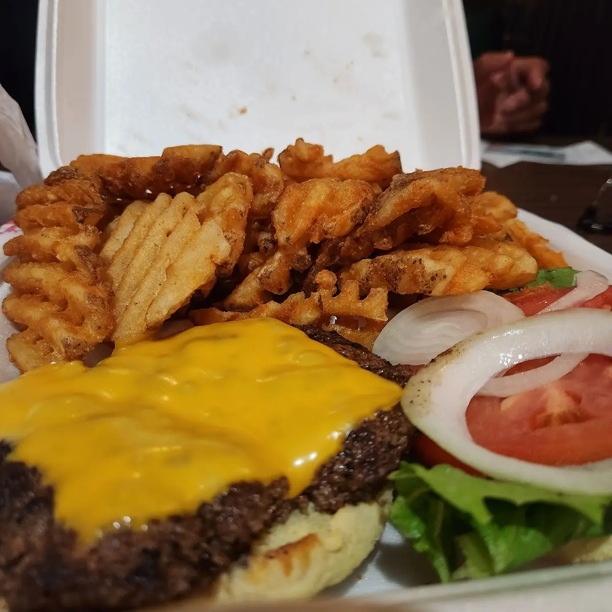 Cheeseburger and Waffle Fries