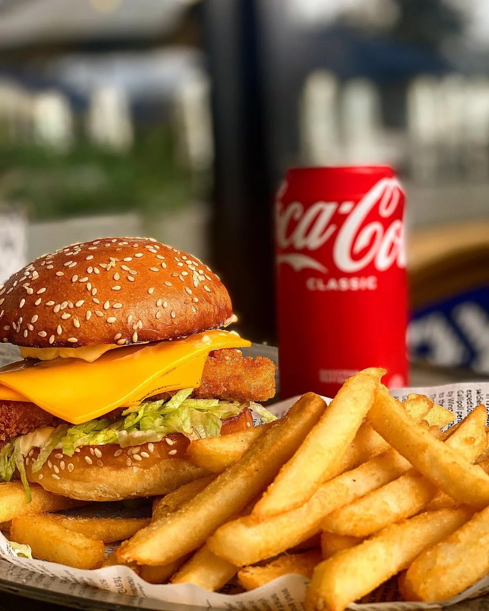 Chicken Schnitzel Burger with Chips, East Bank Fish n Chips