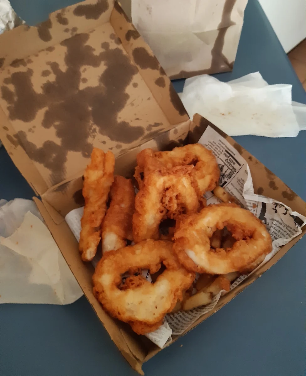 More Oil Leaching Out if Fat All Battered Calamari, East Bank Fish n Chips