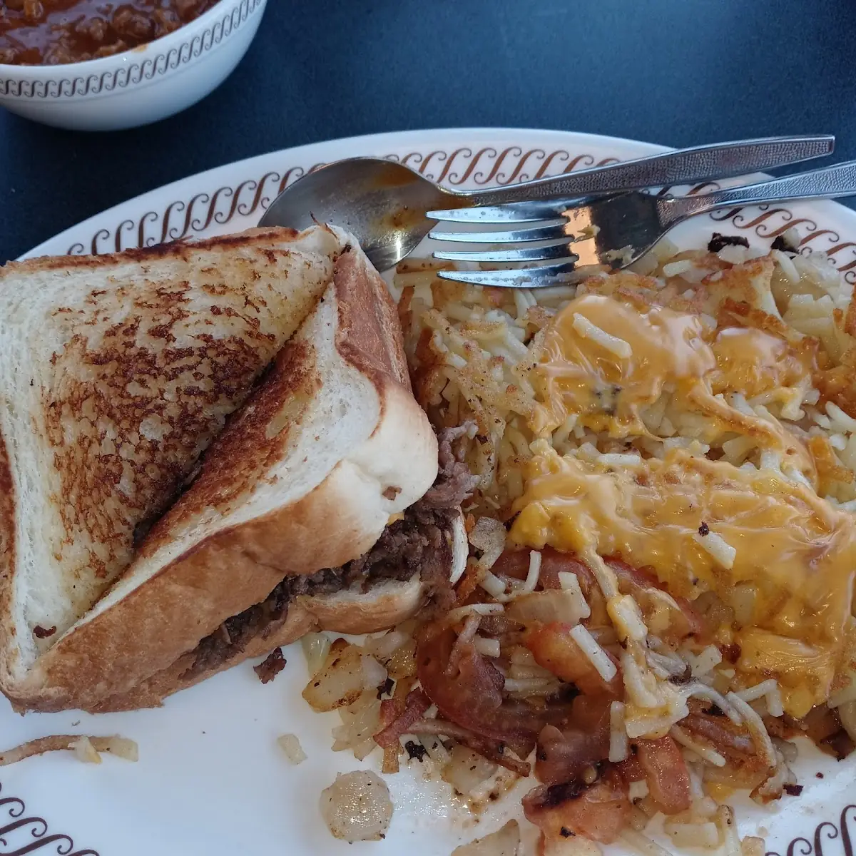 Texas Bacon Cheese Steak Melt Plate Scattered Smothered Double Covered and I Think Diced