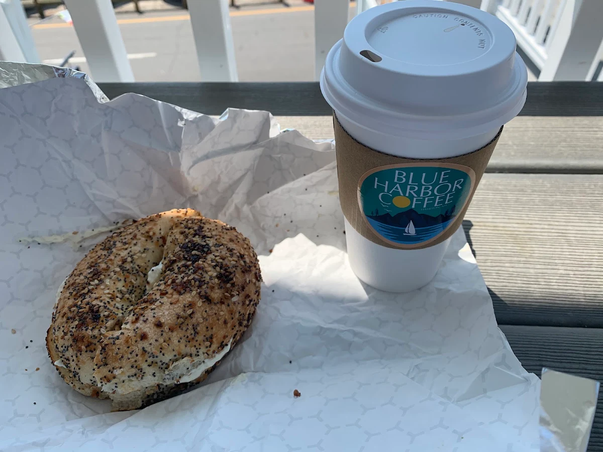 Everything Bagal with Cream Cheese and Coffee