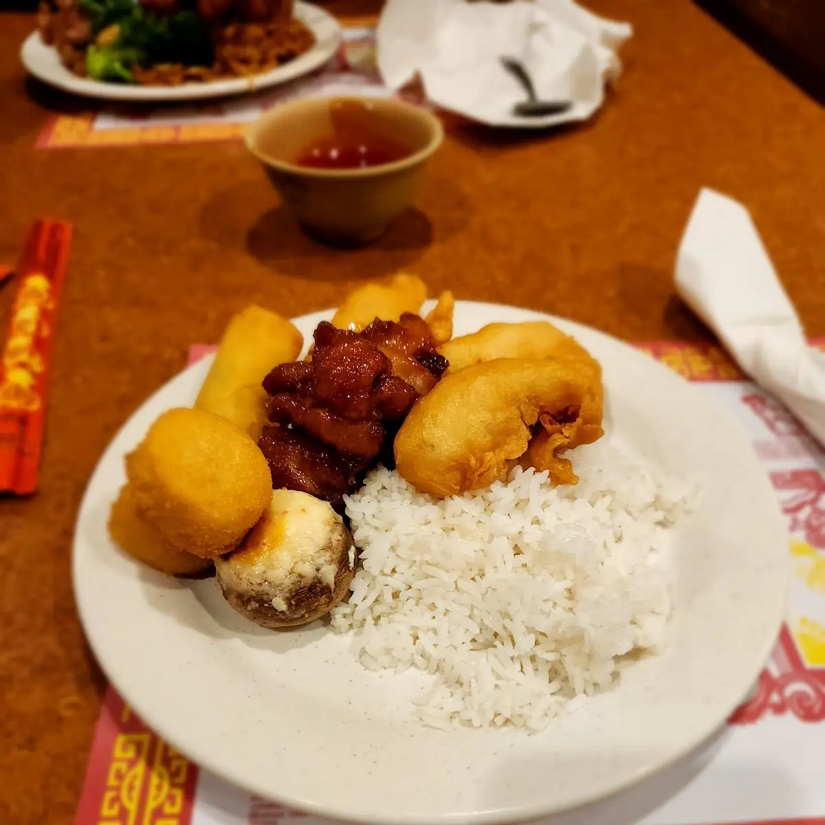 White Rice Stuffed Mushrooms Spring Roll Bourbon Chicken