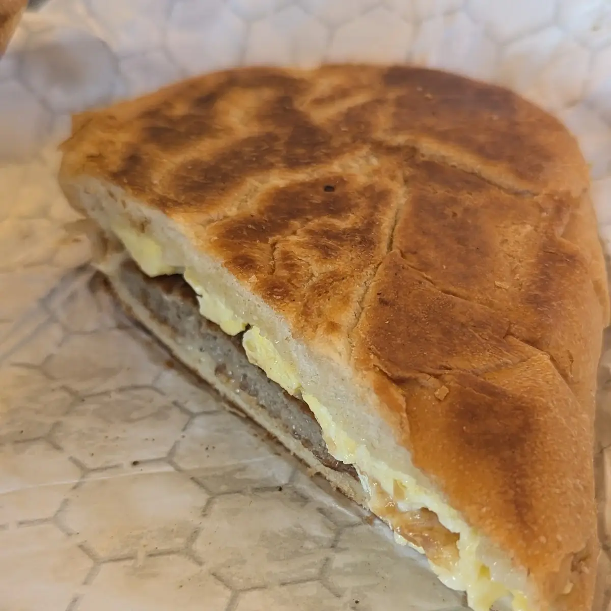 Sausage Egg and Cheese Breakfast Sandwich on Cuban Bread