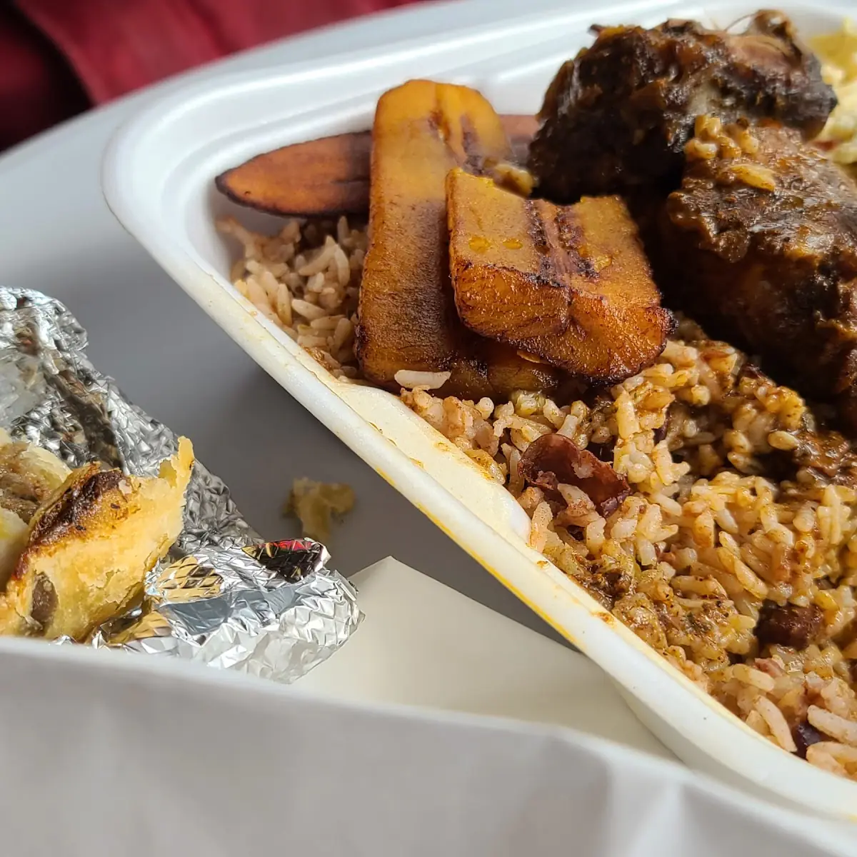 Oxtail Dinner with Beans and Rice and Fried Plantains