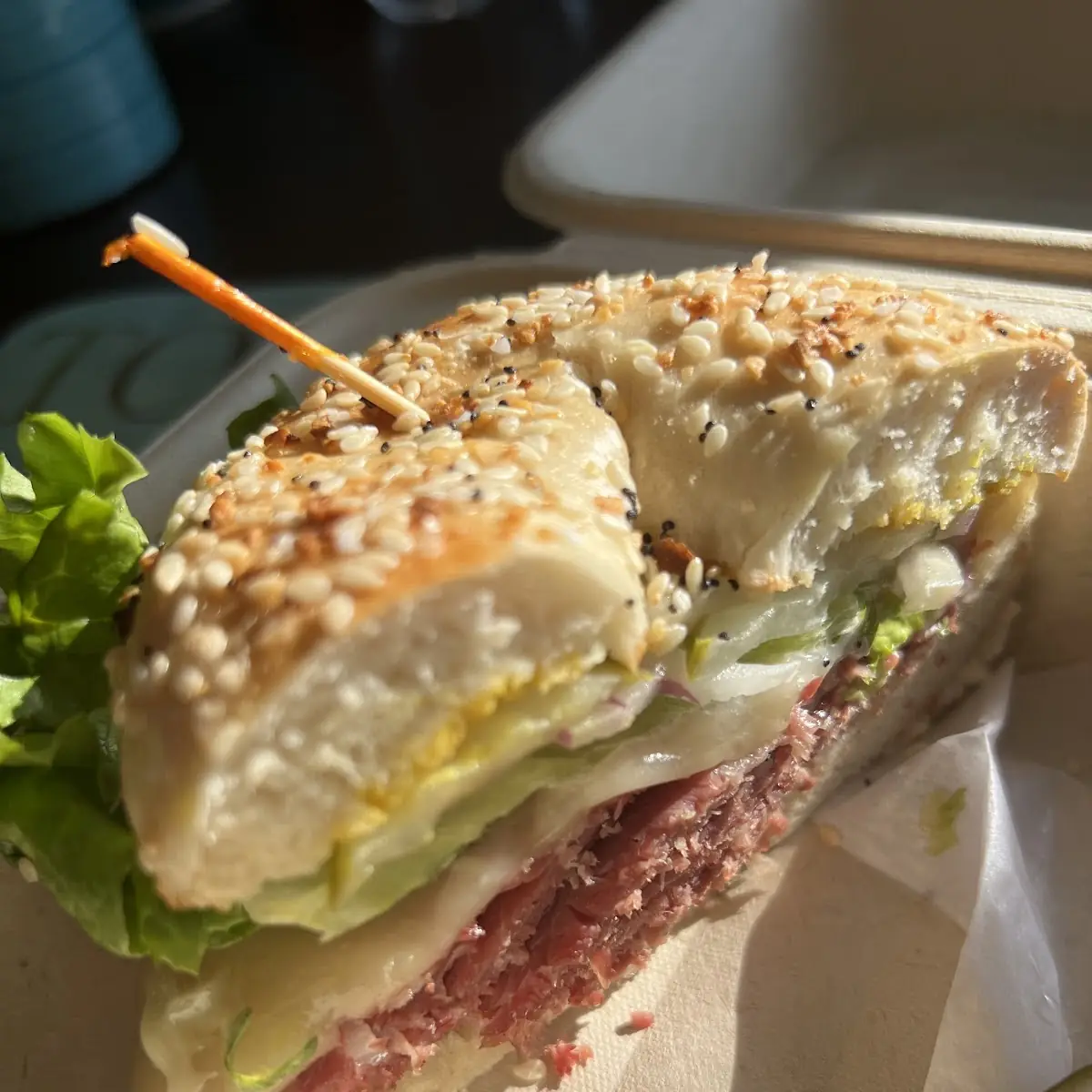 Hot Corned Beef Bagel with Swiss Cheese