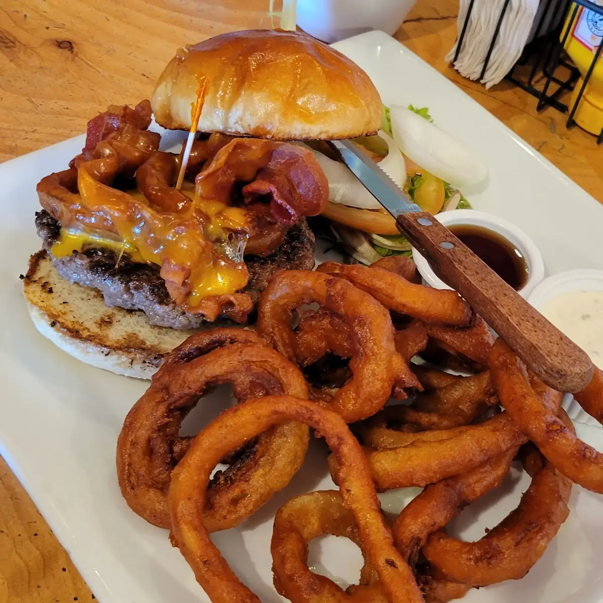 Maple Bacon Cheeseburger and Onion Rings