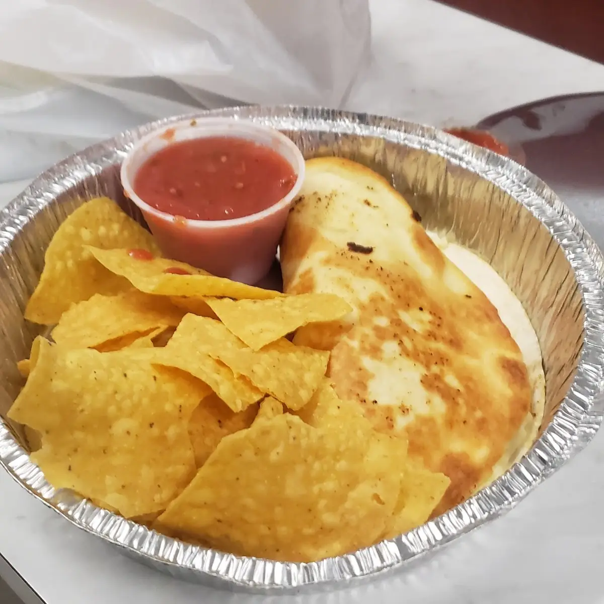 Cheese and Shredded Chicken Quesadilla with Chips and Salsa