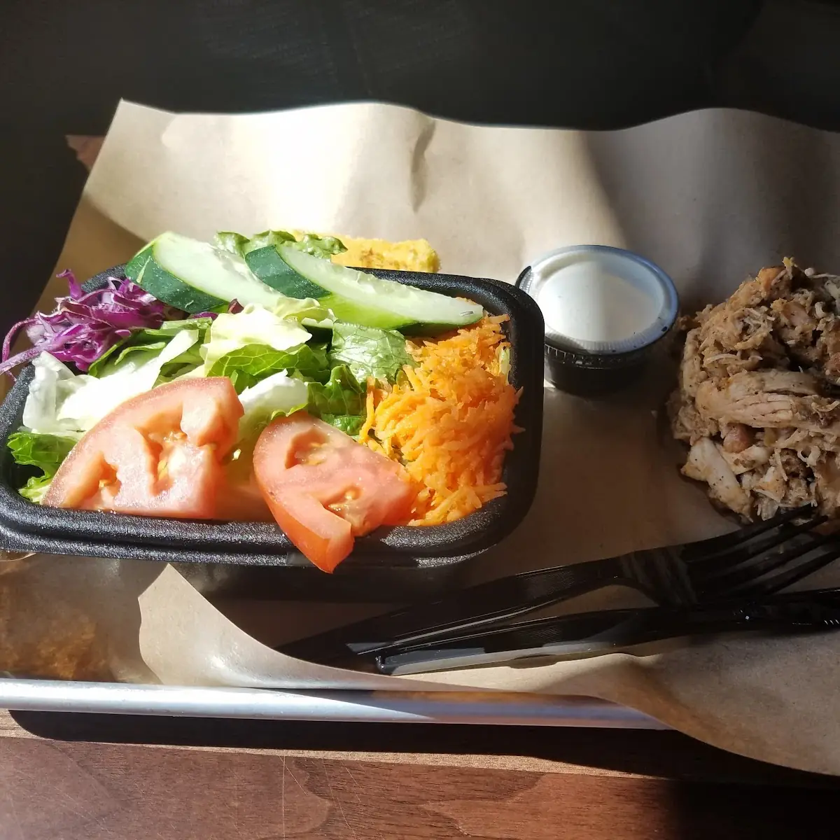 Pulled Chicken with Side Salad and Cornbread