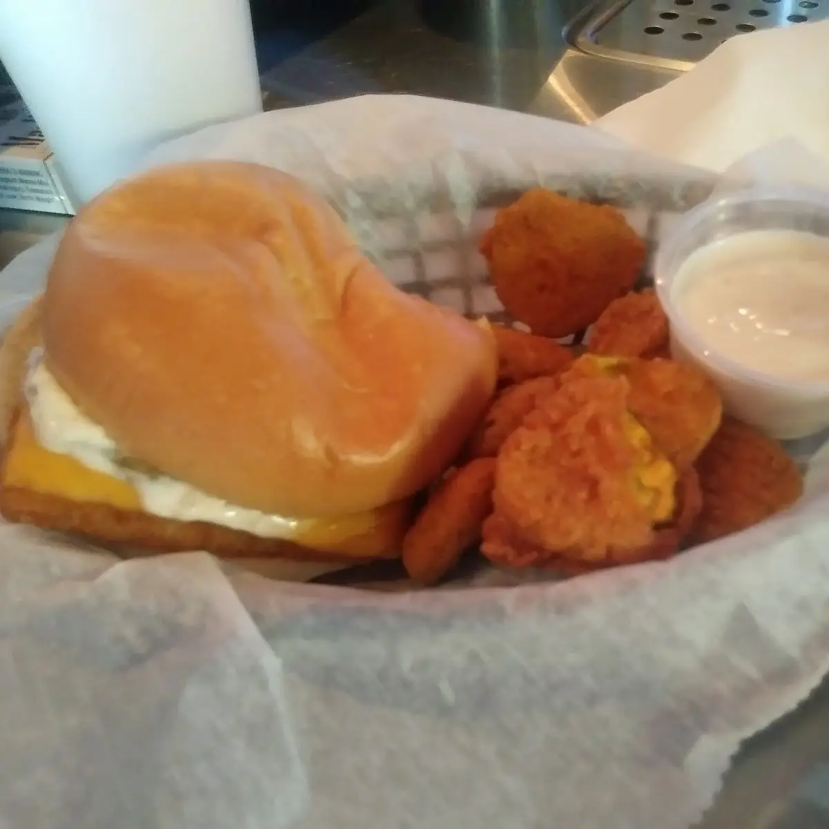 Fish Sandwich and Fried Pickles