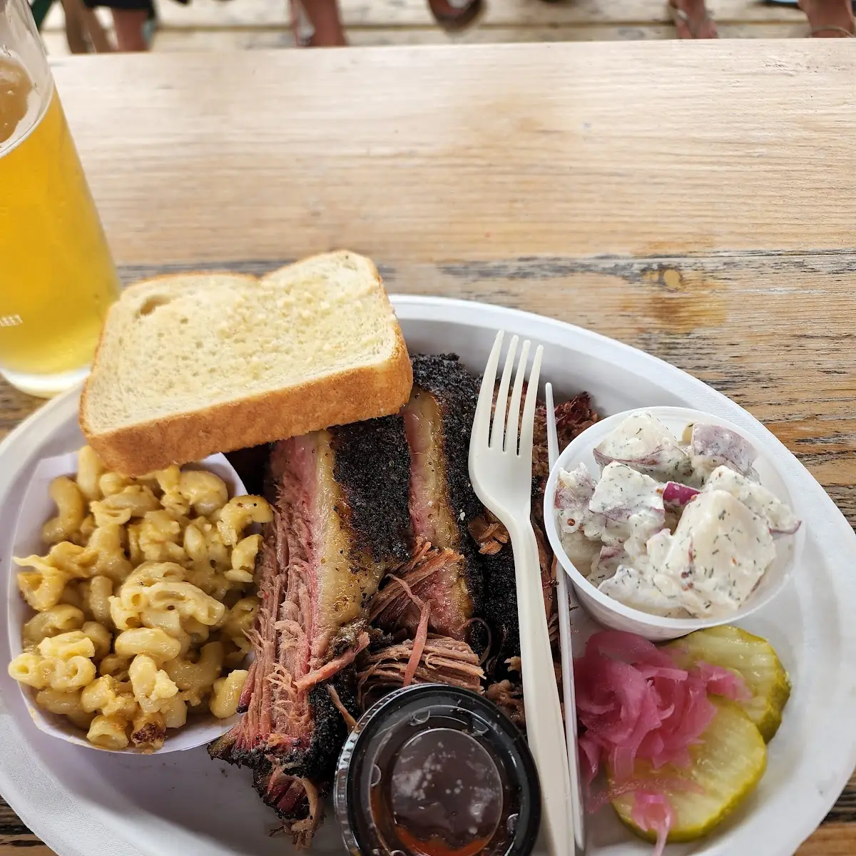 Pulled Pork BBQ Platter with Mac and Cheese and Potato Salad