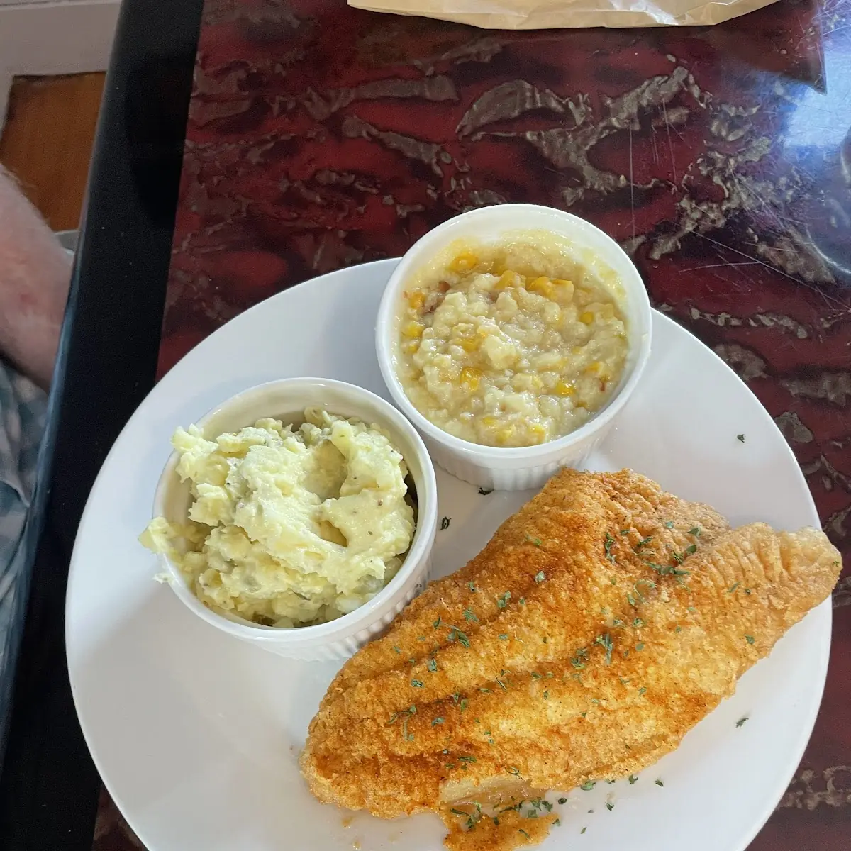 Fried Catfish with Potatoes Salad and Corn Pudding