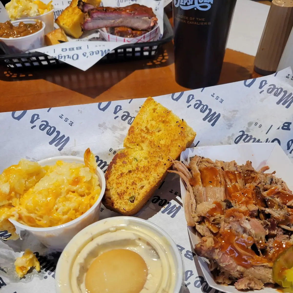 Pulled Pork Platter with Cornbread Mac N Cheese and Banana Pudding