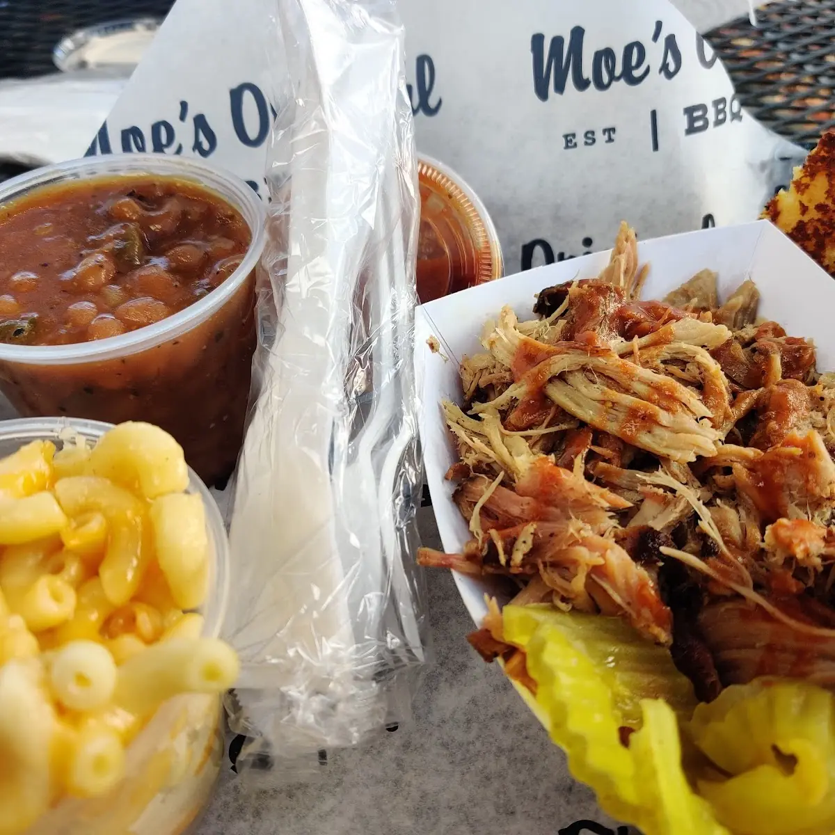 Pulled Pork Platter with Cornbread Mac N Cheese and Beans