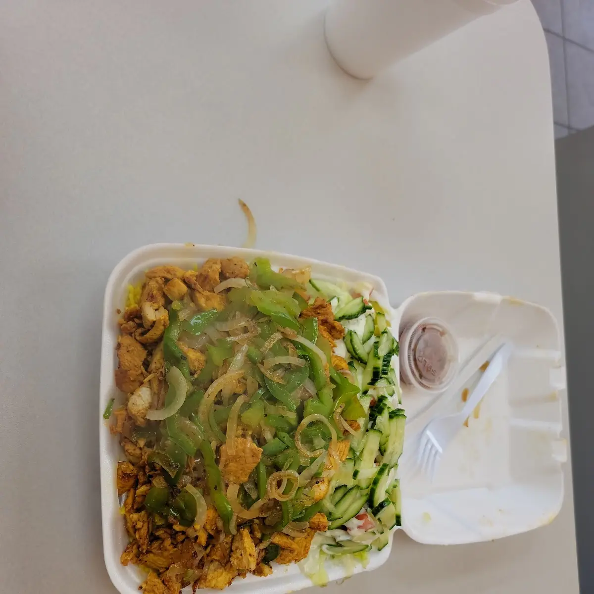 Chopped Chicken over Rice with Peppers and Onions Added