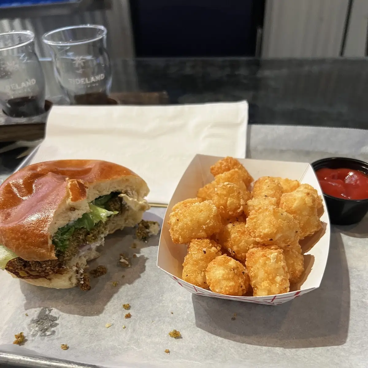 Falafel Burger and Tots