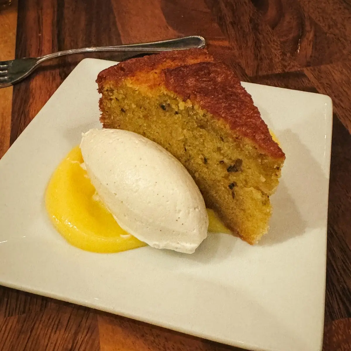 Pistachio Cake with Lemon Curd and Ice Cream