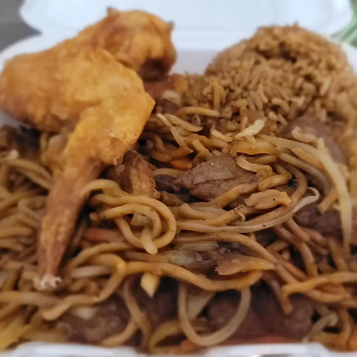 Beef Lo Mein with Fried Rice and Chicken Wings