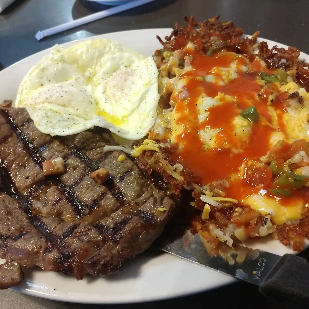Ribeye Steak and Eggs Cedars Hash Browns