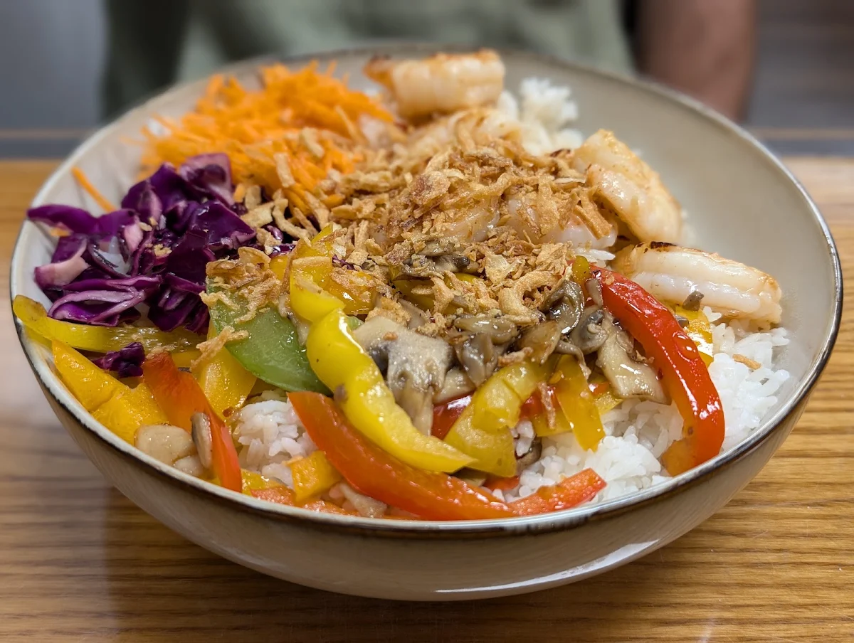 Grilled Shrimp Bowl with Hot Honey, Buzz Bites