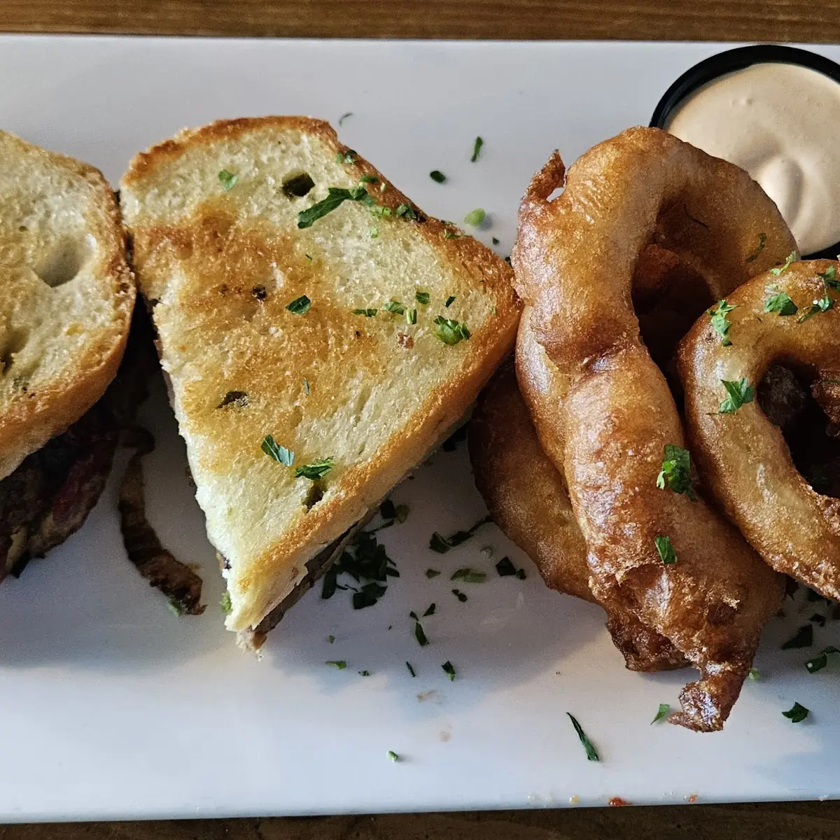 Meatloaf Sandwich and Onion Rings