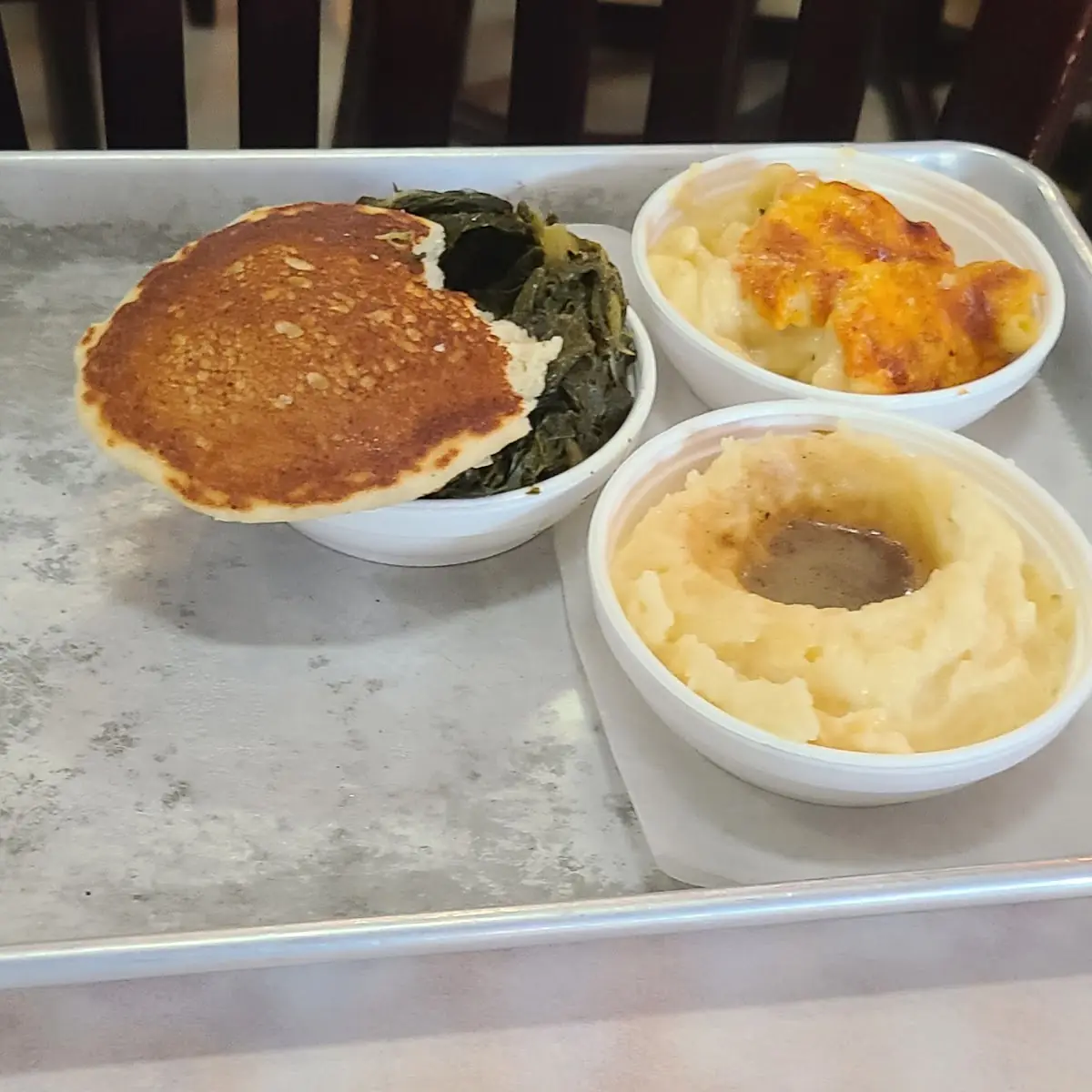 Turnip Greens Mashed Potatoes and Mac and Cheese