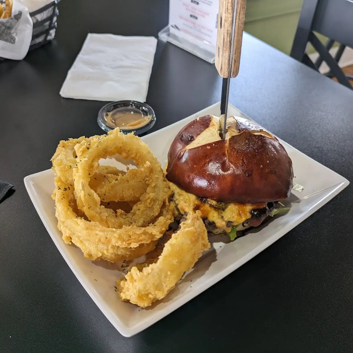 Pimento Cheese Burger with Onion Rings