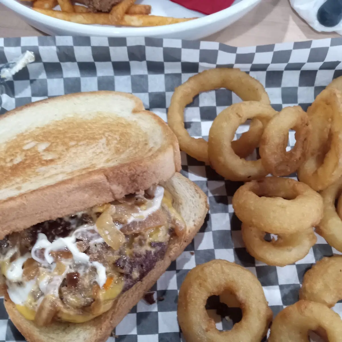 Patty Melt Burger & Onion Rings