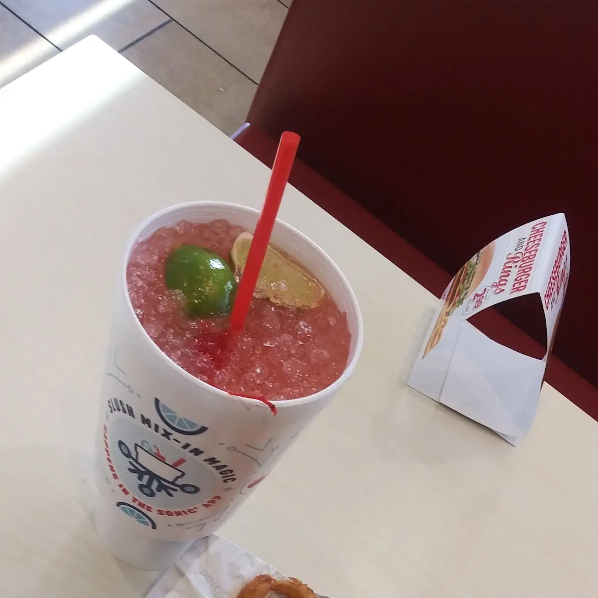 Cherry Limeade with Cheeseburger and Rings