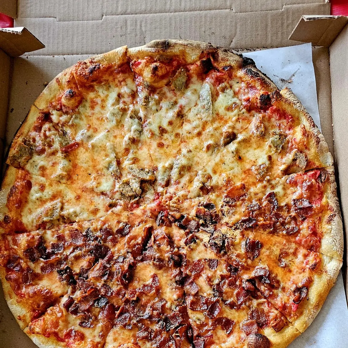 Large Cheese Pizza Half Bacon Half Meatball
