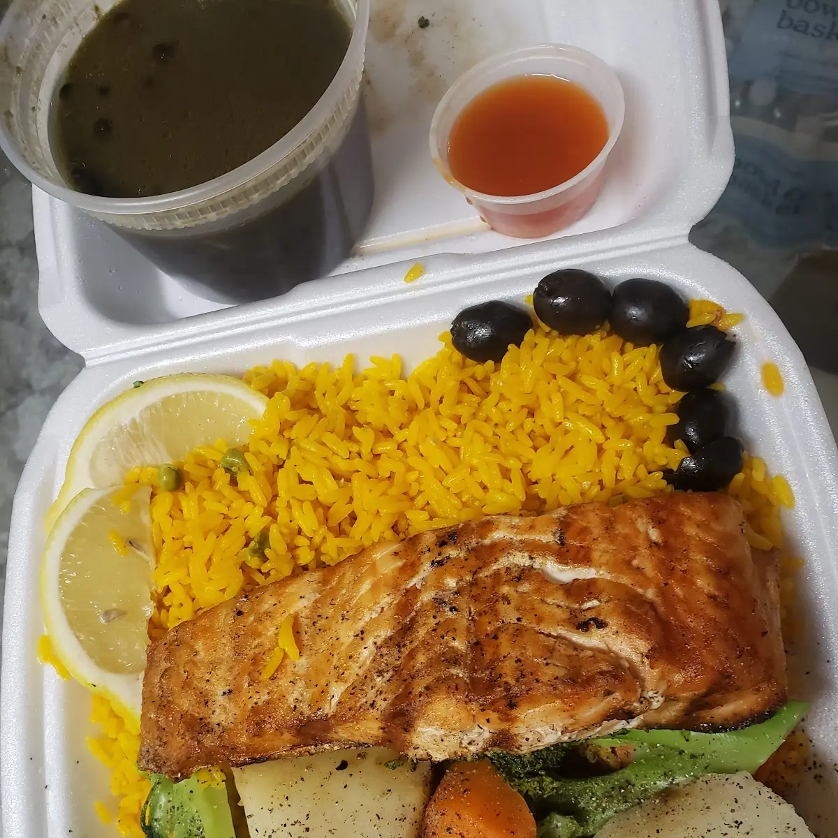 Salmon Platter Rice Beans Veggies