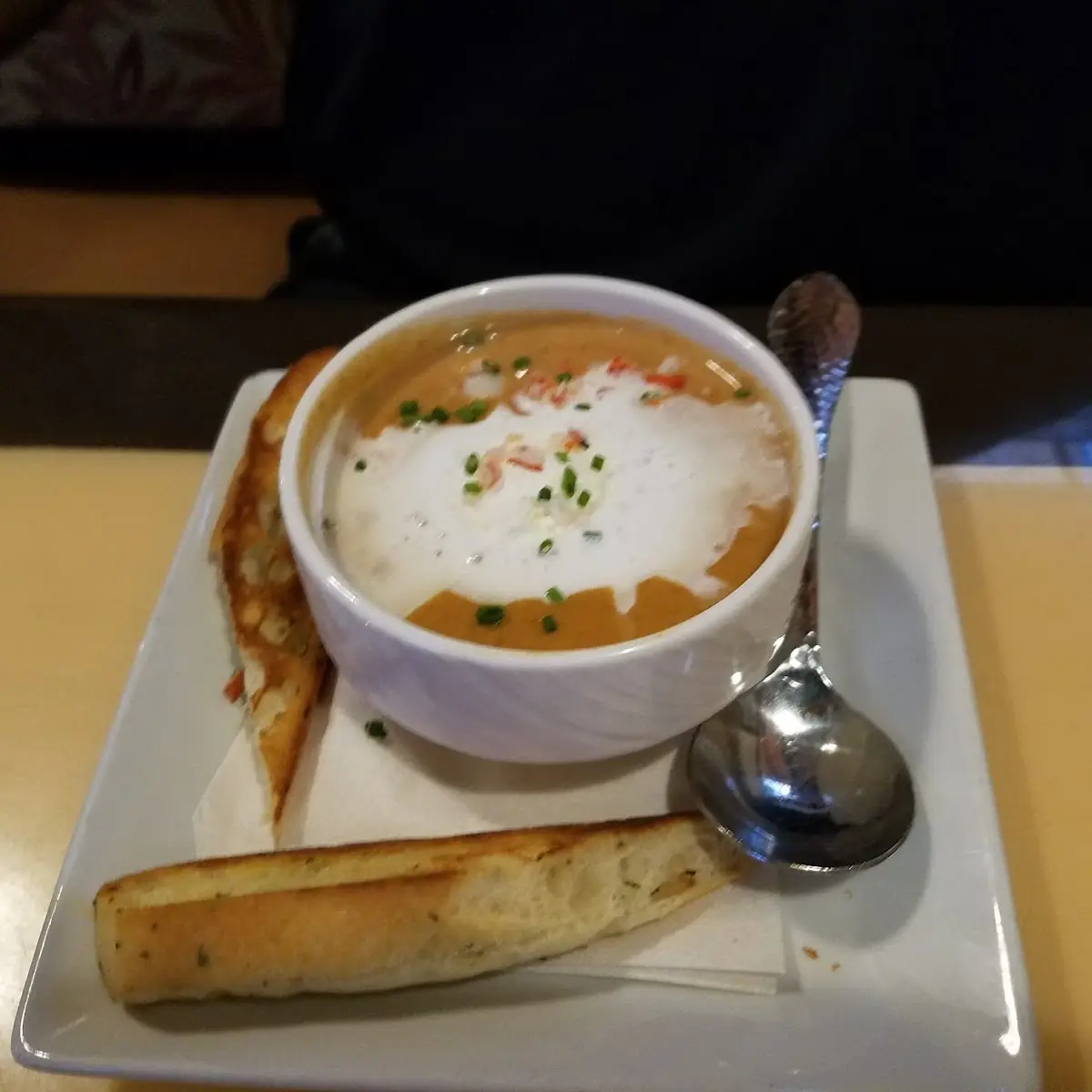 Lobster Bisque with Bread Sticks