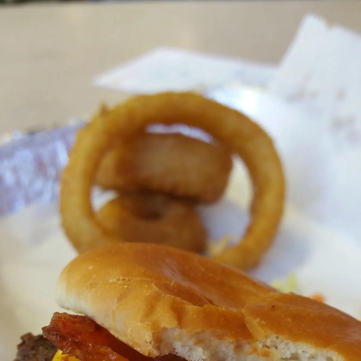 Bacon Cheeseburger and Onion Rings
