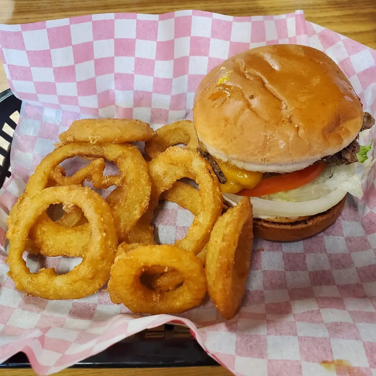 Cheeseburger with Cheddar Cheese and Onion Rings