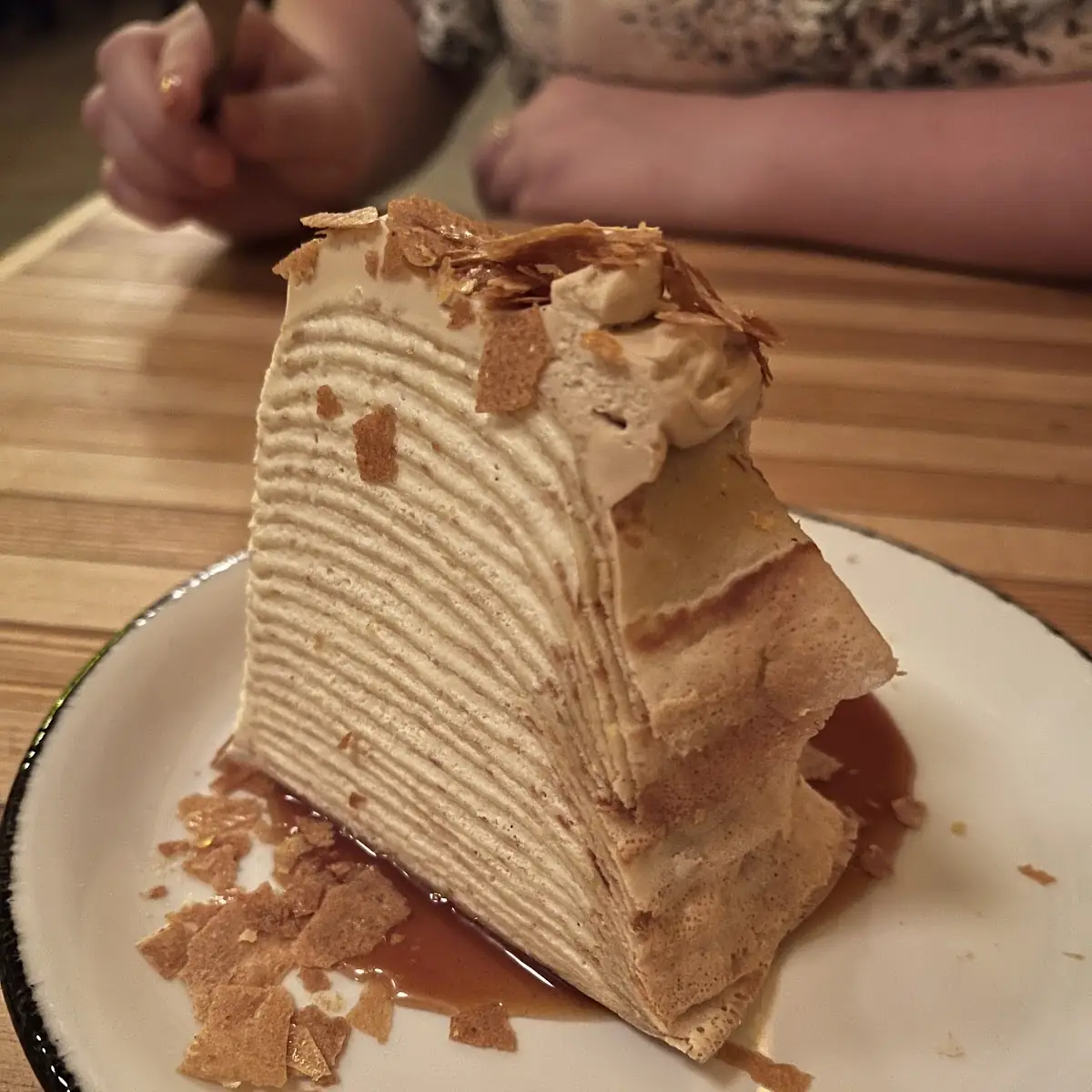 Corn Crepe Cake with White Chocolate Mousse Whey Caramel and Corn Flakes