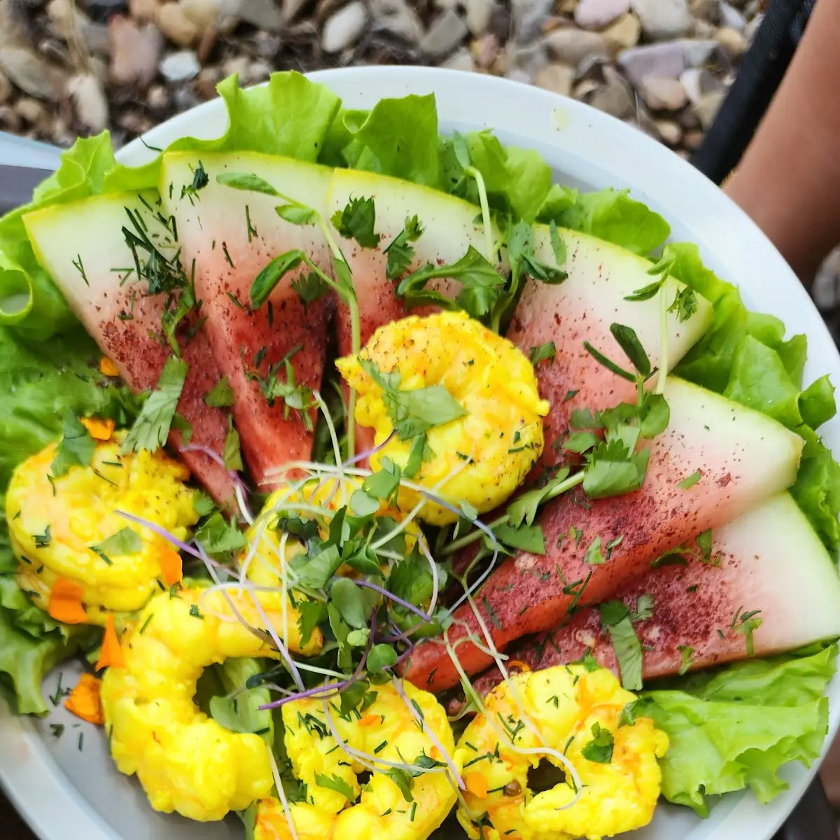Potato Salad and Turmeric Shrimp with Watermelon