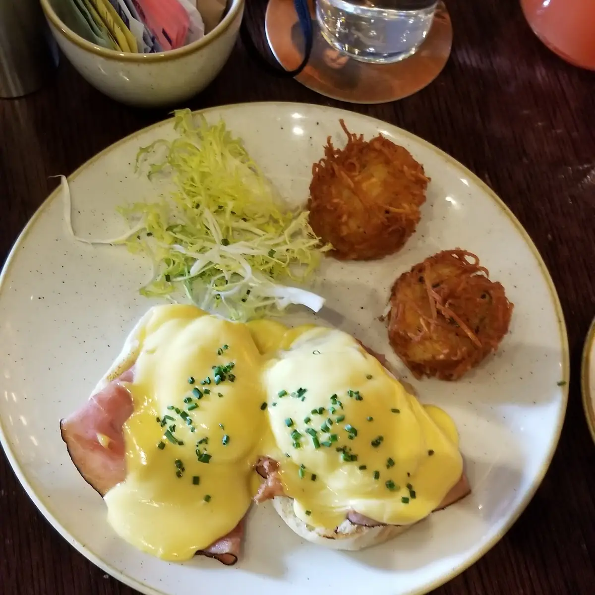 Eggs Benedictine with Hash Browns