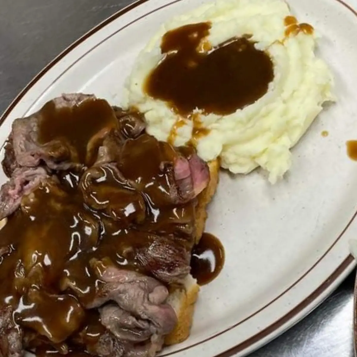 Open Face Roast Beef Sandwich with Mashed Potatoes and Gravy