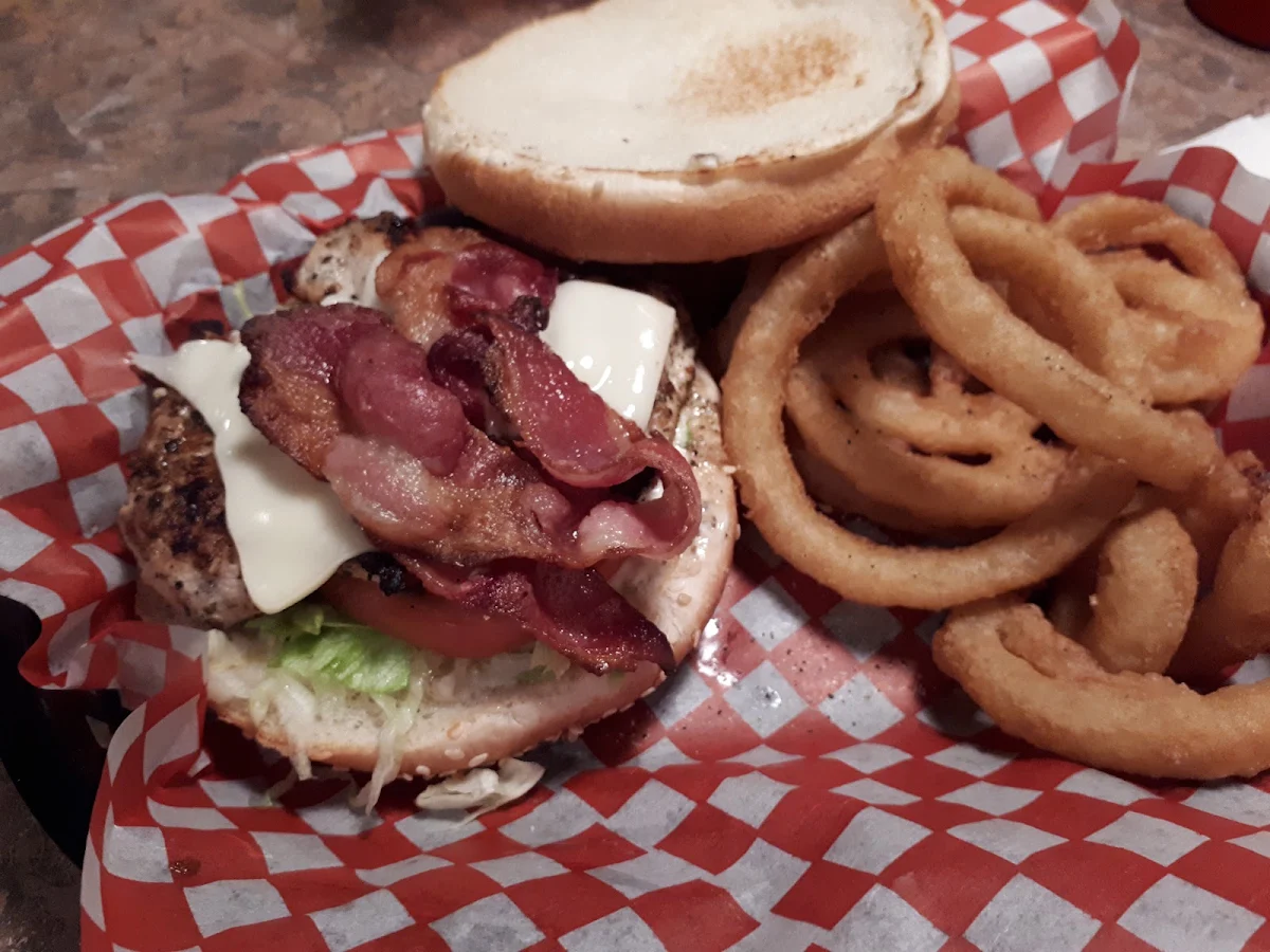 Grilled Chicken Burger with Cheese Bacon and Onion Rings, Scott's Pizza Burger