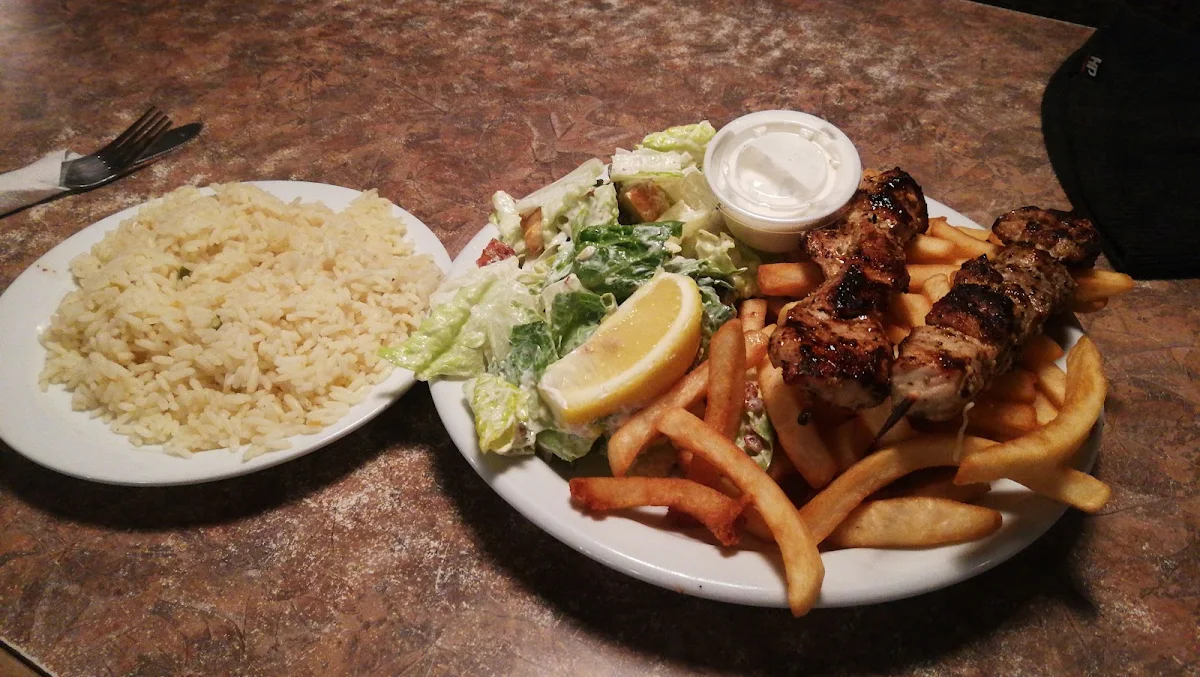 Souvlaki Plate with Caesar Salad, Scott's Pizza Burger