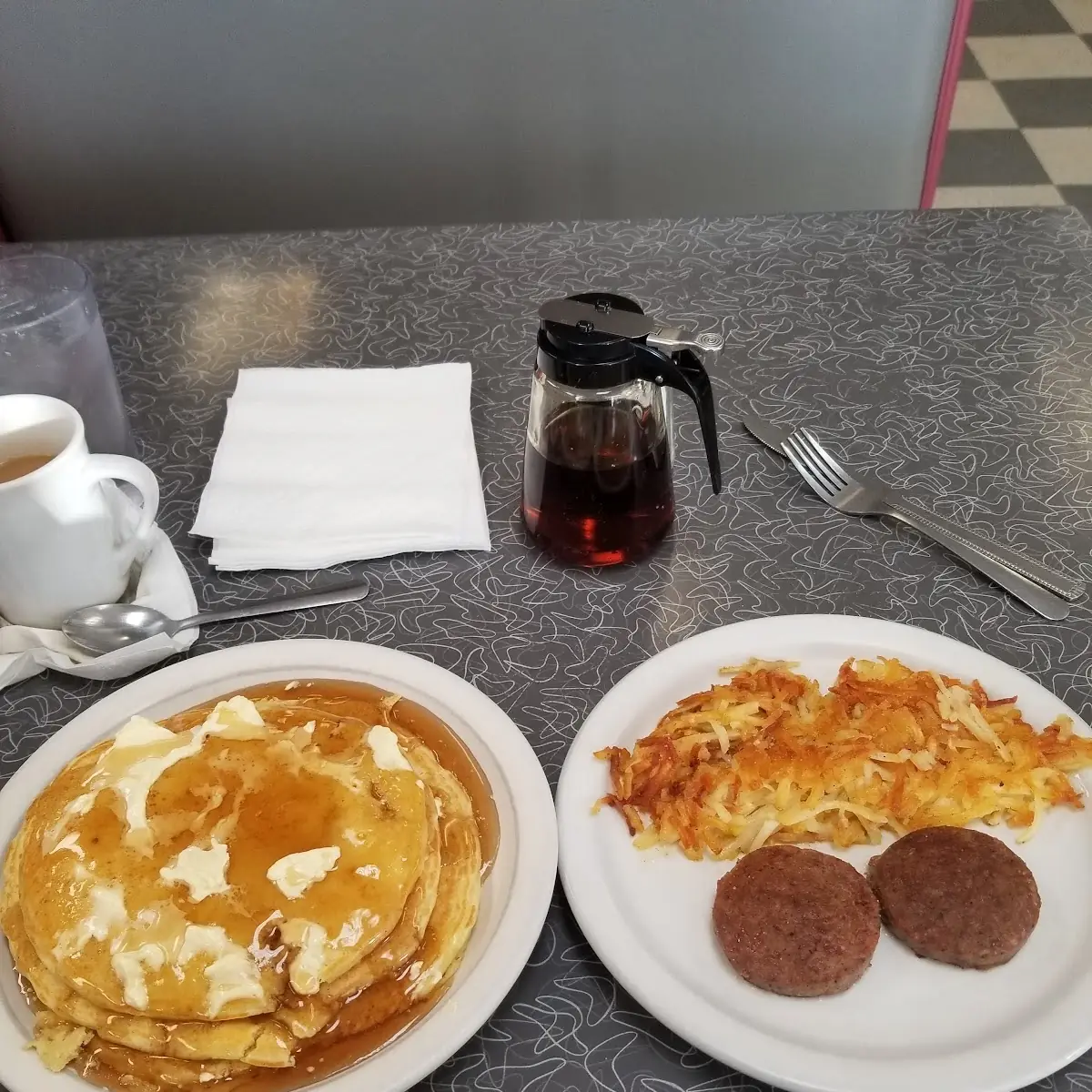 Pancakes Hash Browns and Sausage