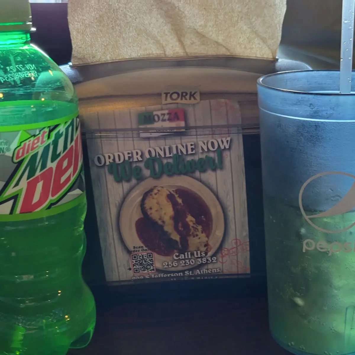 20 Oz Diet Mountain Dew and a Napkin Holder