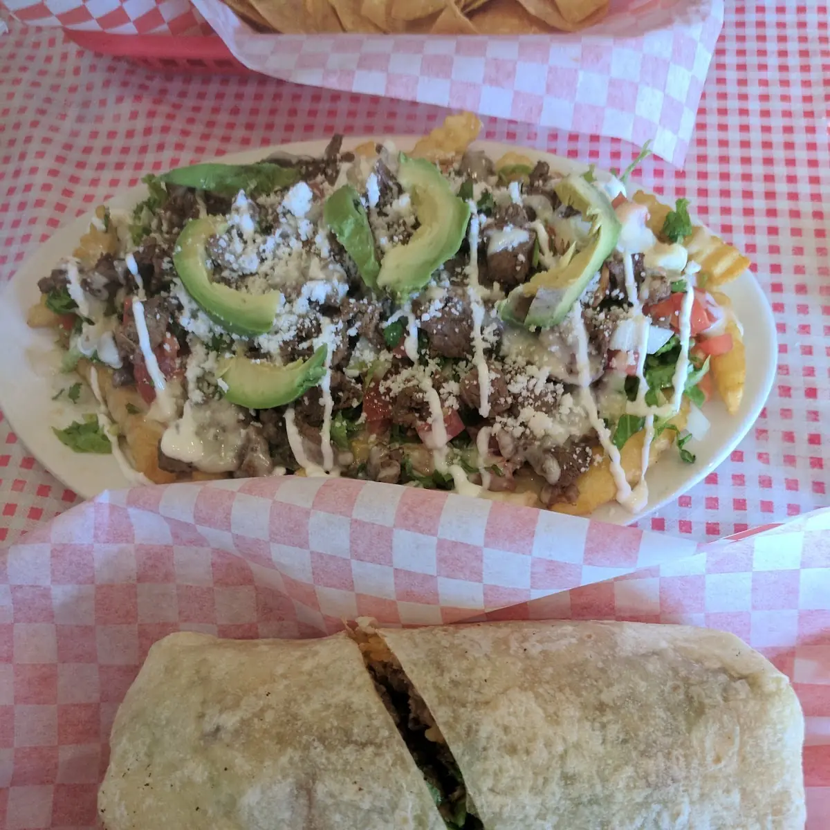 Carnitas Burrito and Nacho Fries