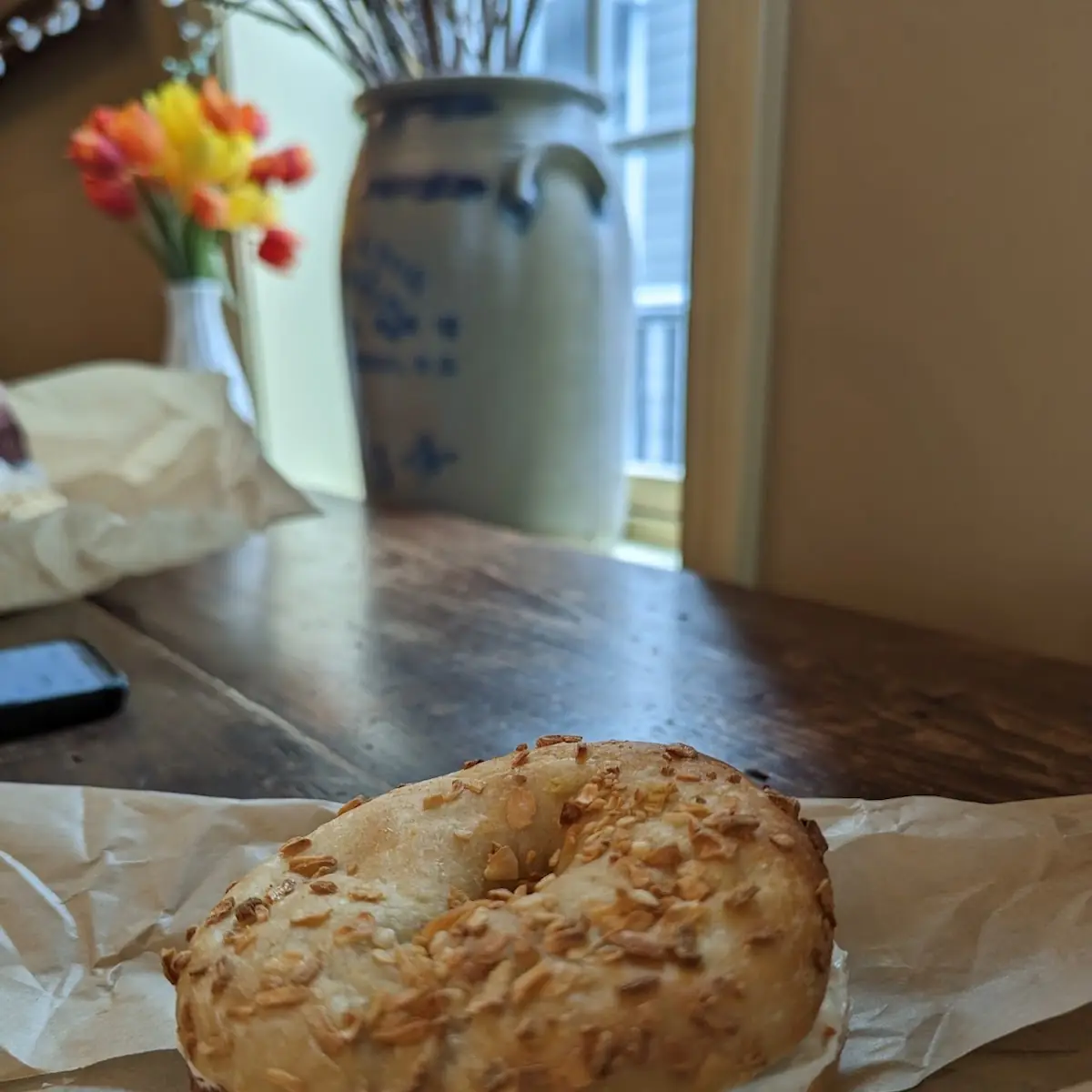 Onion Bagel with Dirty Martini Cream Cheese